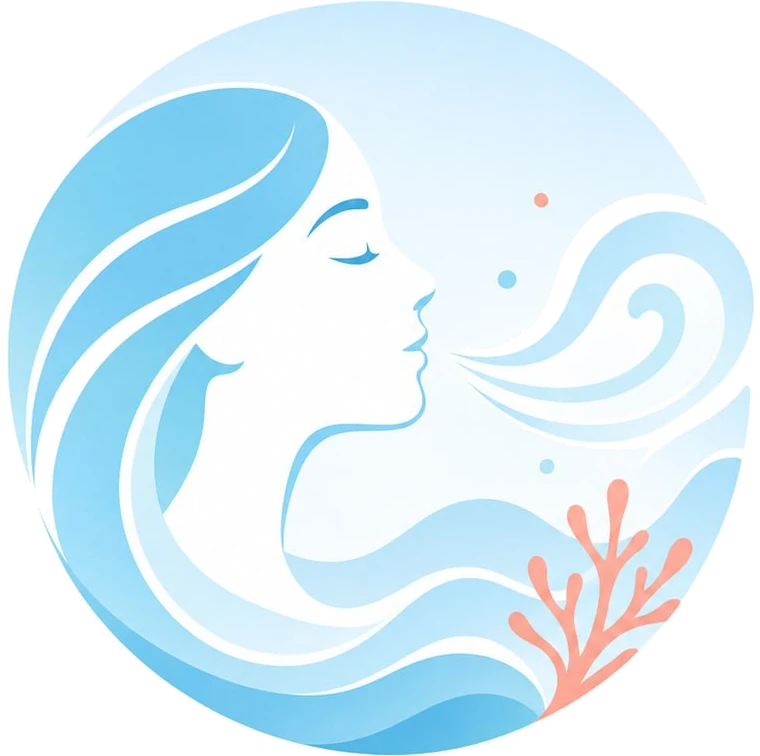 Silhouette of a woman in profile, waves and a coral branch inside a blue circle — the Brizo mark
